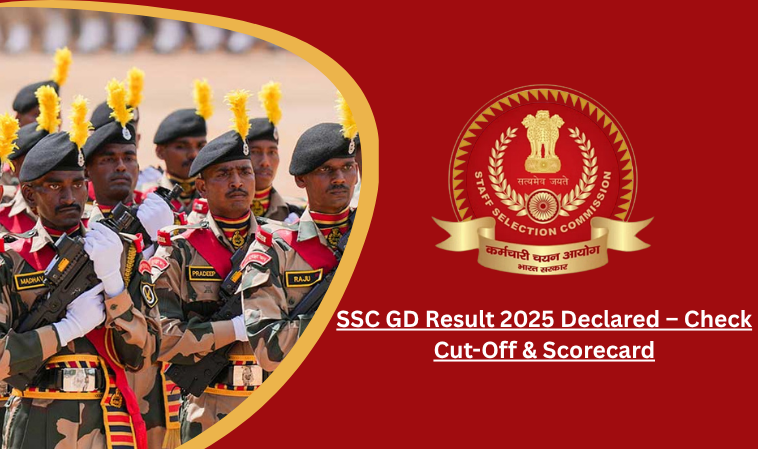 SSC GD 2025 result announced with image of Indian paramilitary soldiers in uniform, along with SSC logo and result details on a red background