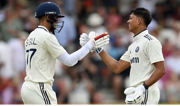 Shubman Gill and Yashasvi Jaiswal celebrate their partnership during the IND vs ENG 1st Test Match 2025 at Headingley