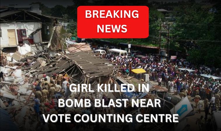 Scene of destruction and chaos after a bomb blast near a vote counting centre, with a large crowd, rescue personnel, and damaged buildings under a 