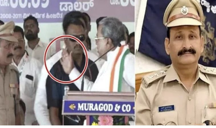 Karnataka Chief Minister Siddaramaiah seen gesturing toward police officer during public event; inset shows IPS officer Ravi D. Channabasappa in uniform.