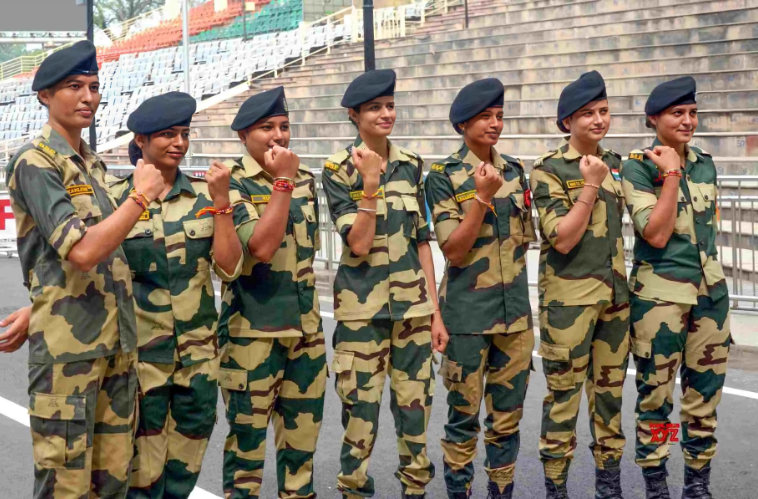 Indian woman soldier representing strength and duty under Sainik Parivar Suraksha scheme