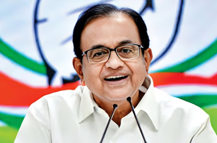 P Chidambaram addressing media at a Congress press conference
