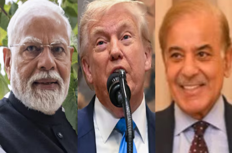 Narendra Modi, Donald Trump, and Shehbaz Sharif in a political collage